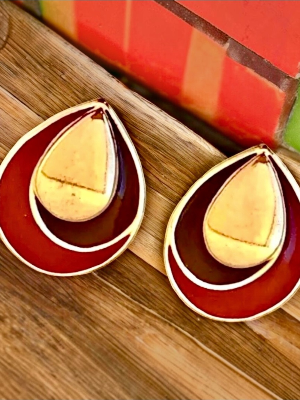 MONET Vintage Clip-On Enamel Earrings Goldtone Black Red Signed